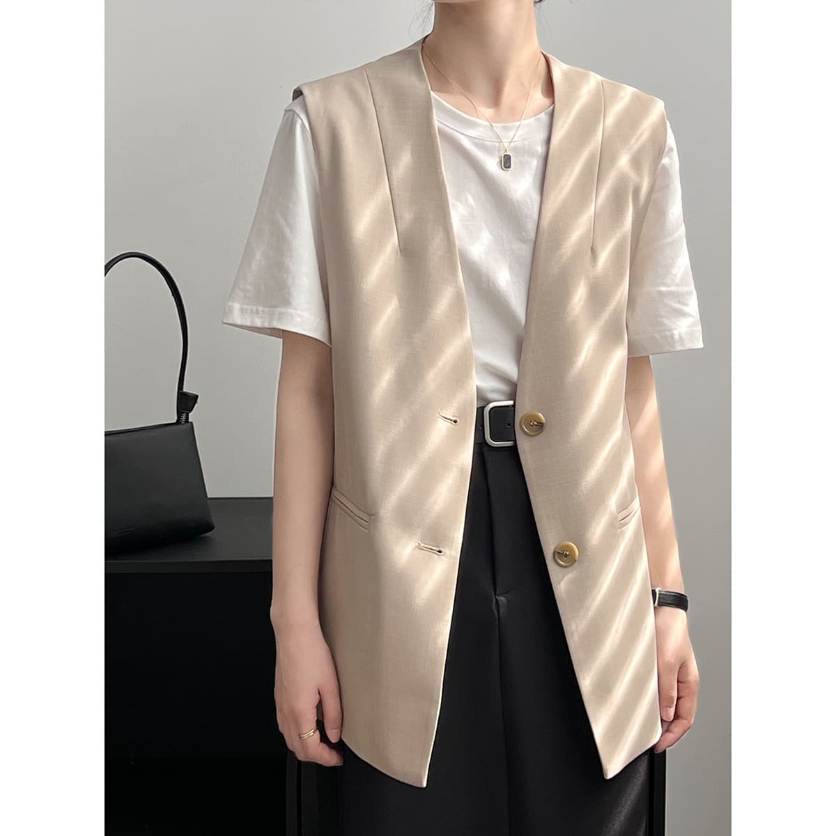 レディースベスト 春新作 上品ベージュ ロング丈ベスト レディース 袖なし 事務服