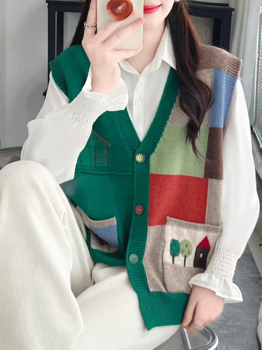 レディースベスト かわいい刺繍ニットベスト