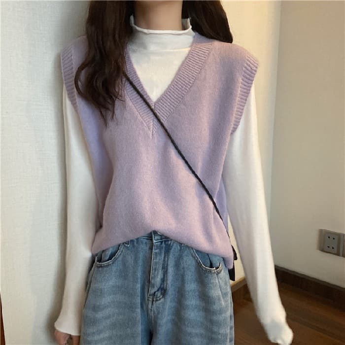 レディースベスト シンプル Vネック ベスト ニット