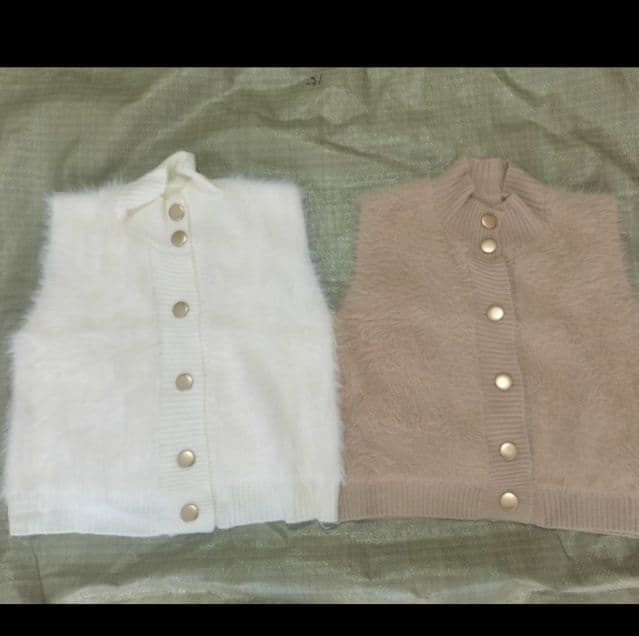 レディースベスト リブ編みニット切替　ファー