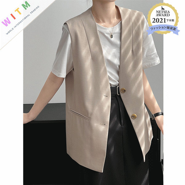 レディースベスト 春新作 上品ベージュ ロング丈ベスト レディース 袖なし 事務服
