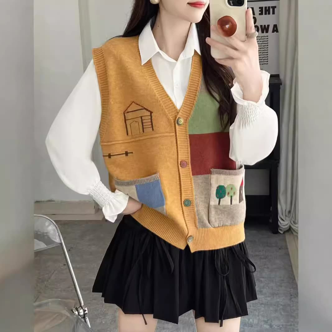 レディースベスト かわいい刺繍ニットベスト
