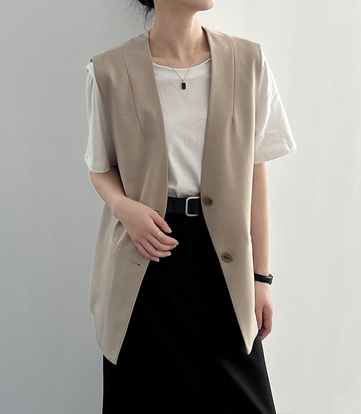 レディースベスト 春新作 上品ベージュ ロング丈ベスト レディース 袖なし 事務服