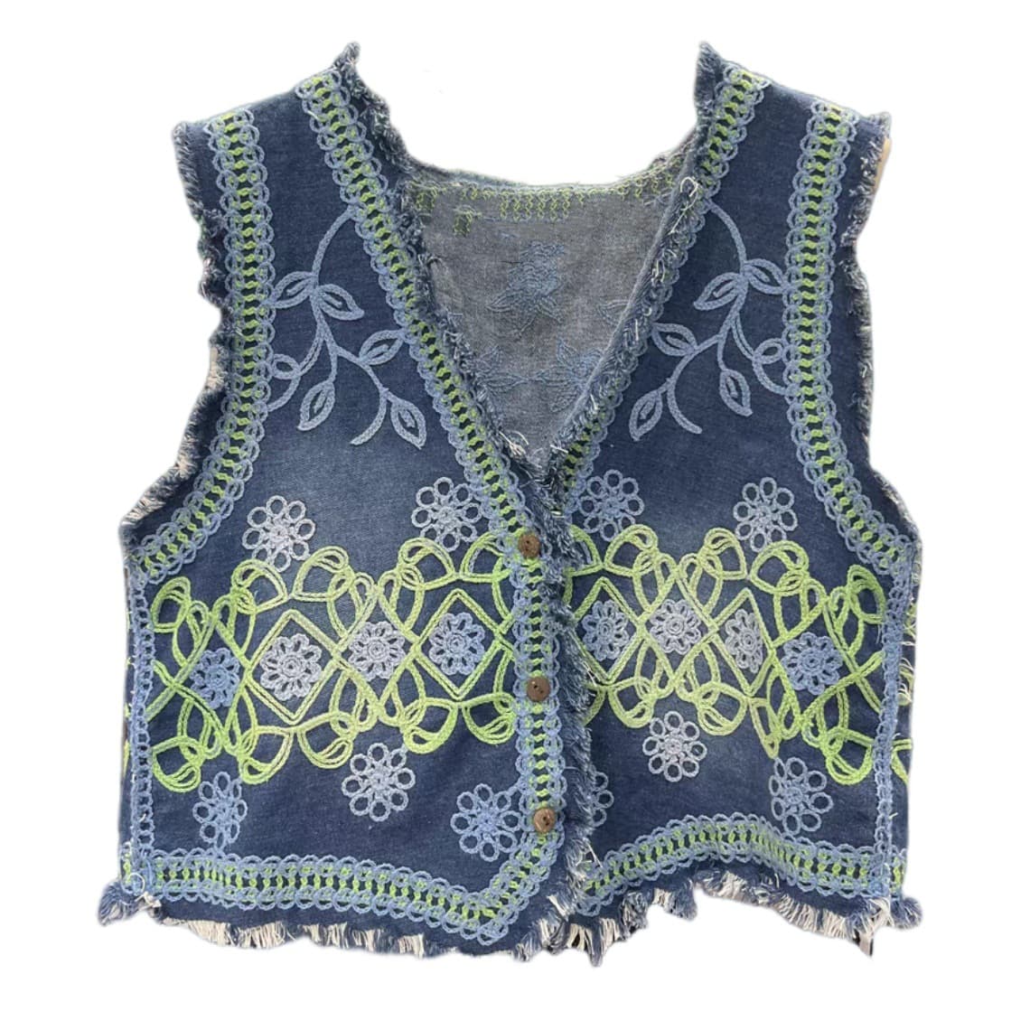 レディースベスト 花刺繍レース編みデニムベスト