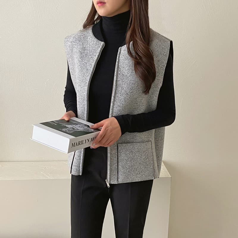 レディースベスト シンプル上質ジップアップニットベスト