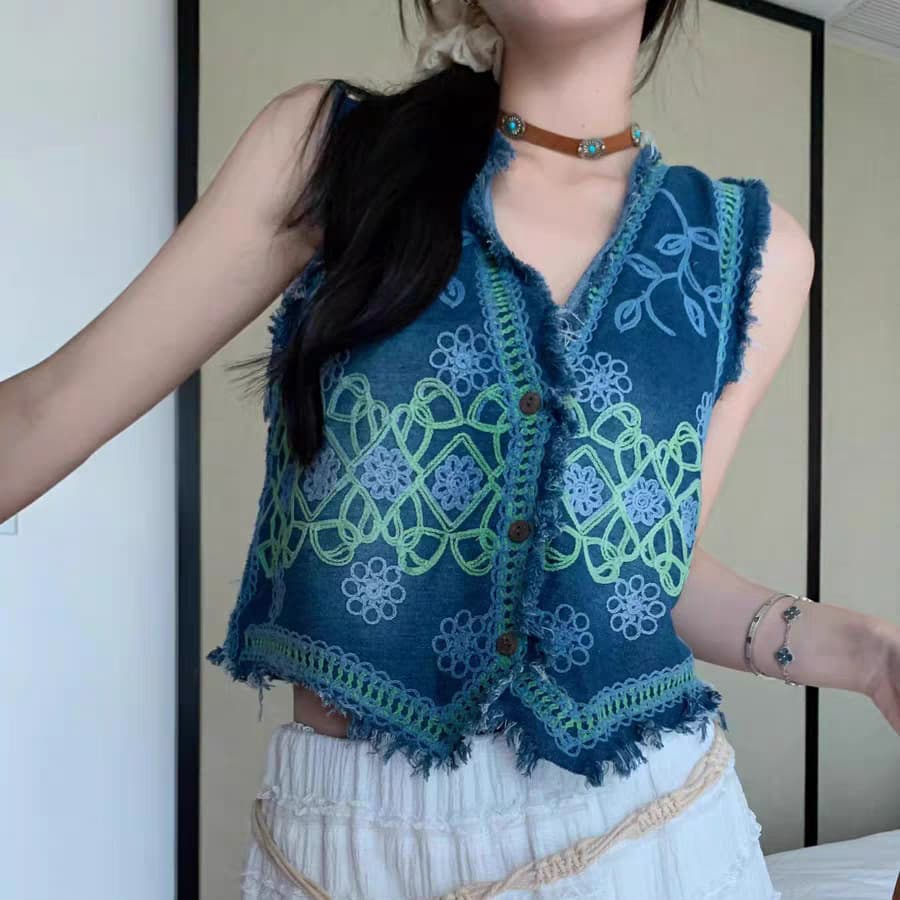 レディースベスト 花刺繍レース編みデニムベスト