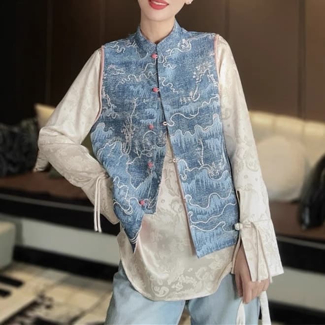 レディースベスト 和風刺繍デザイン ゆったりベスト