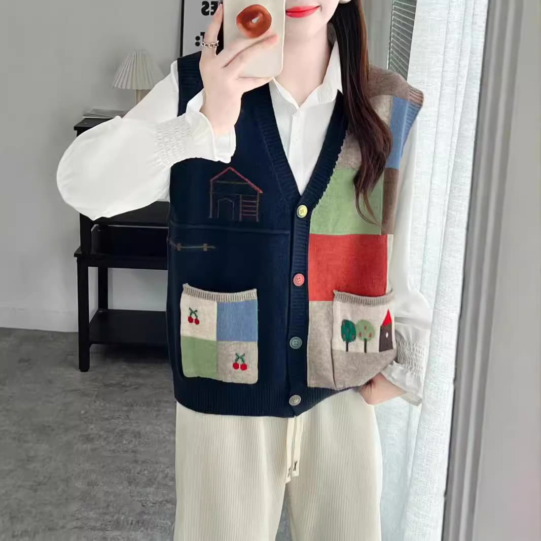 レディースベスト かわいい刺繍ニットベスト