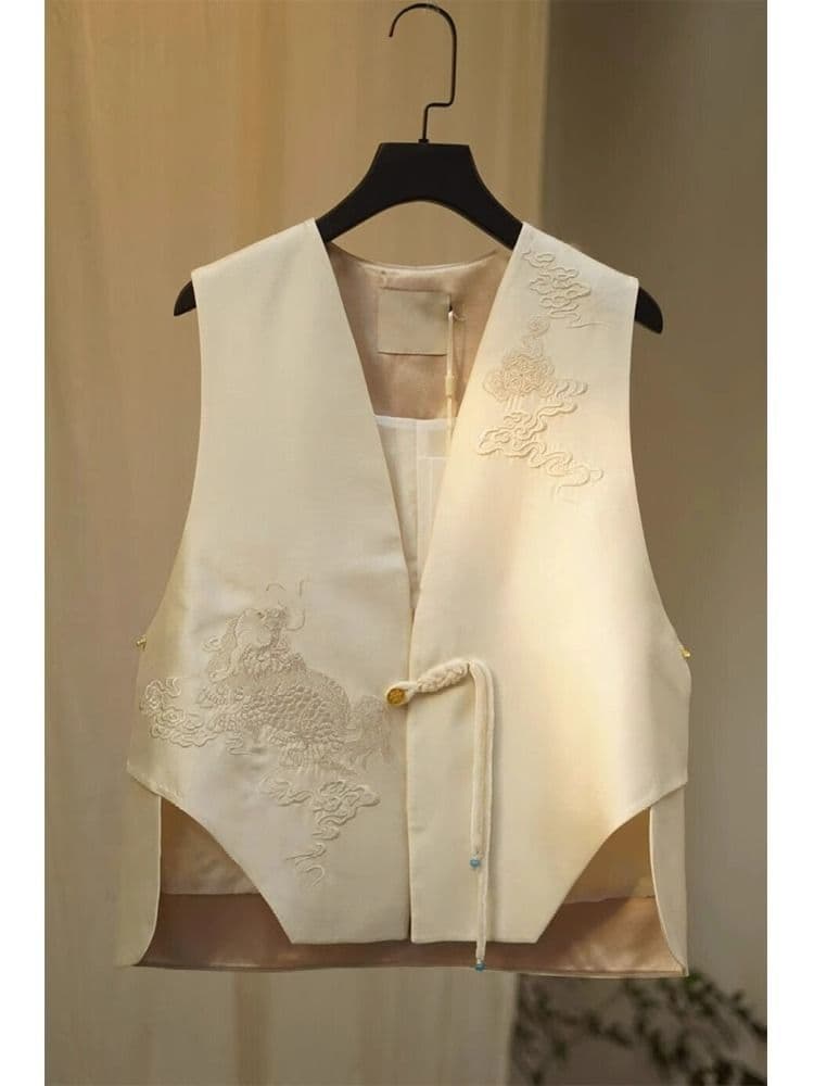 レディースベスト 龍刺繍入り アシンメトリージレ