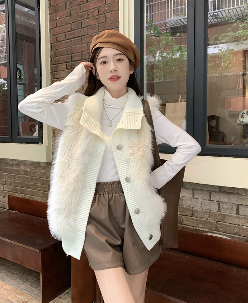 レディースベストファー 韓国風ファー付きニットベスト