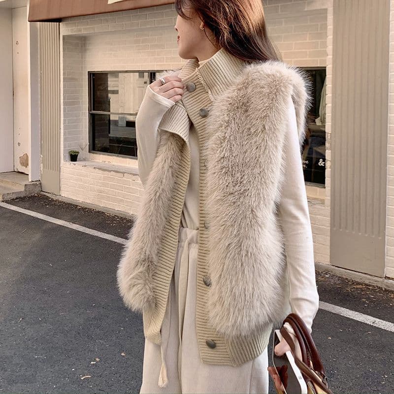 レディースベストファー 韓国風ファー付きニットベスト