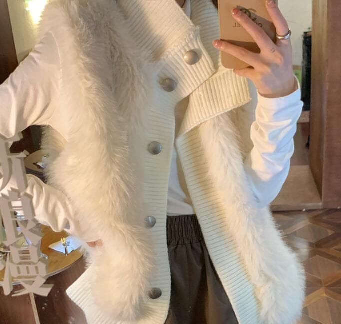 レディースベストファー 韓国風ファー付きニットベスト