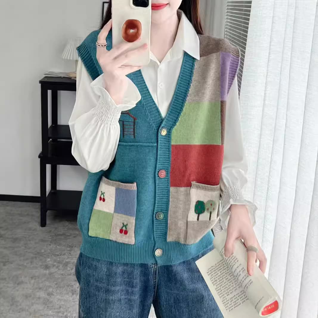 レディースベスト かわいい刺繍ニットベスト