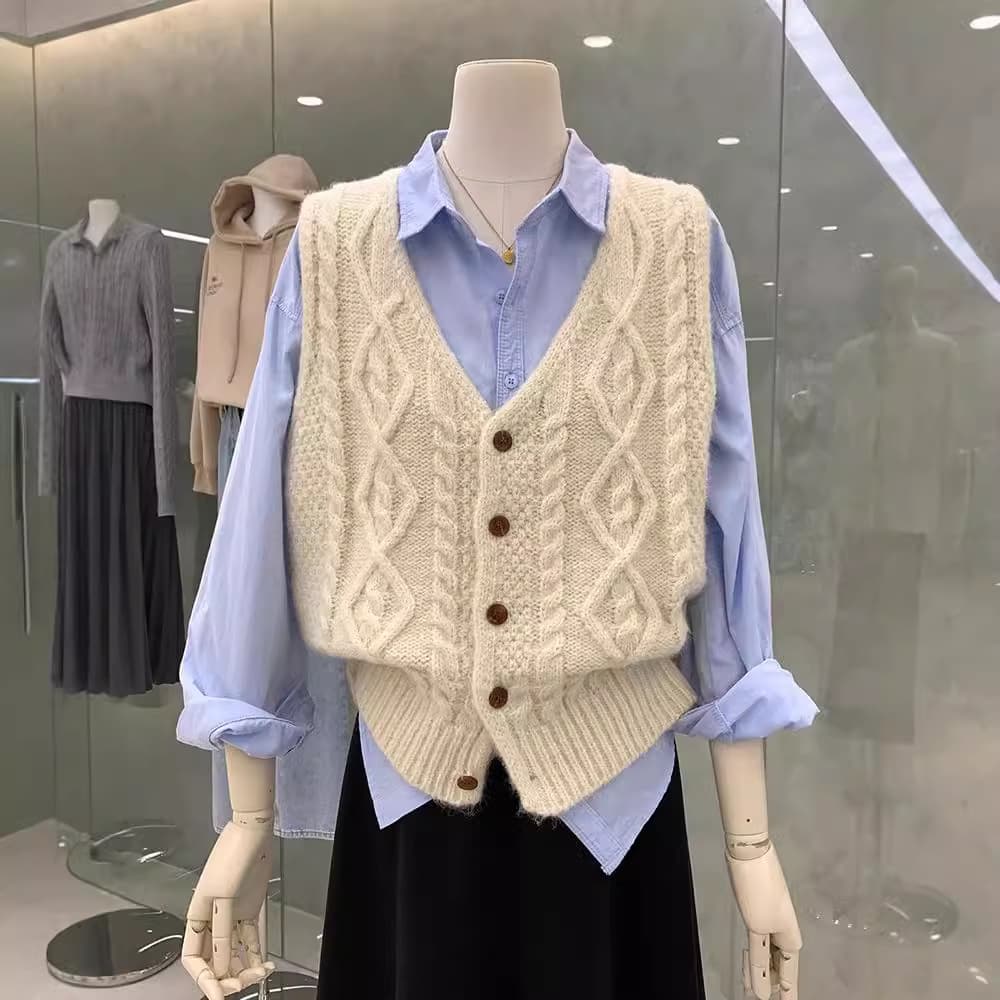 レディースベスト ケーブル編み柄シンプルベスト