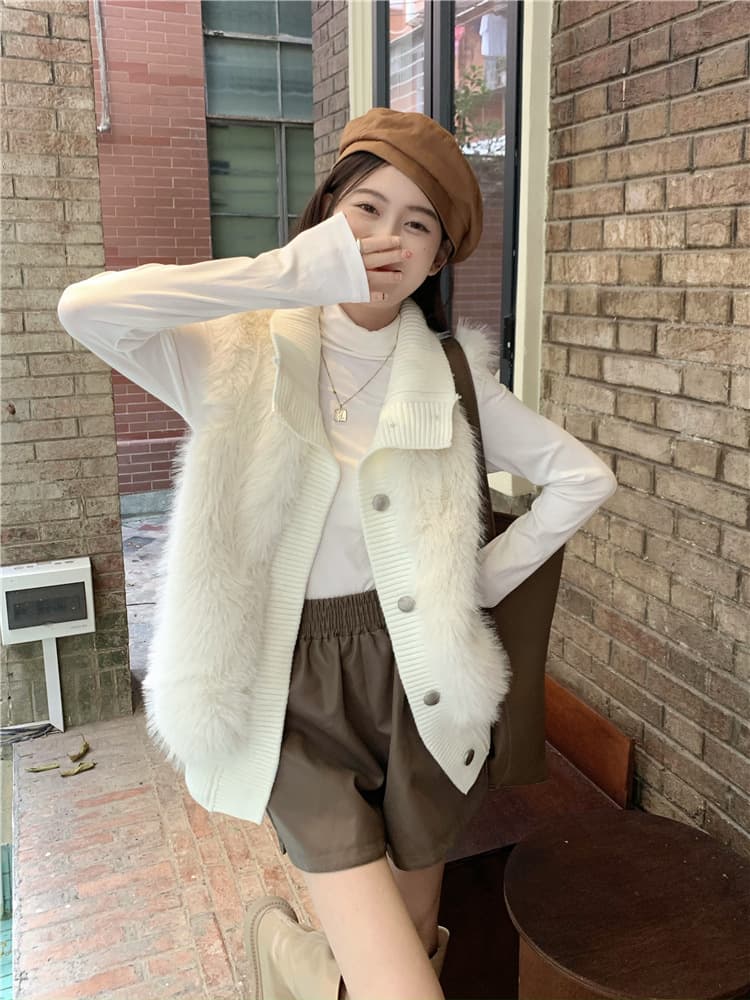 レディースベスト リブ編みニット切替　ファー
