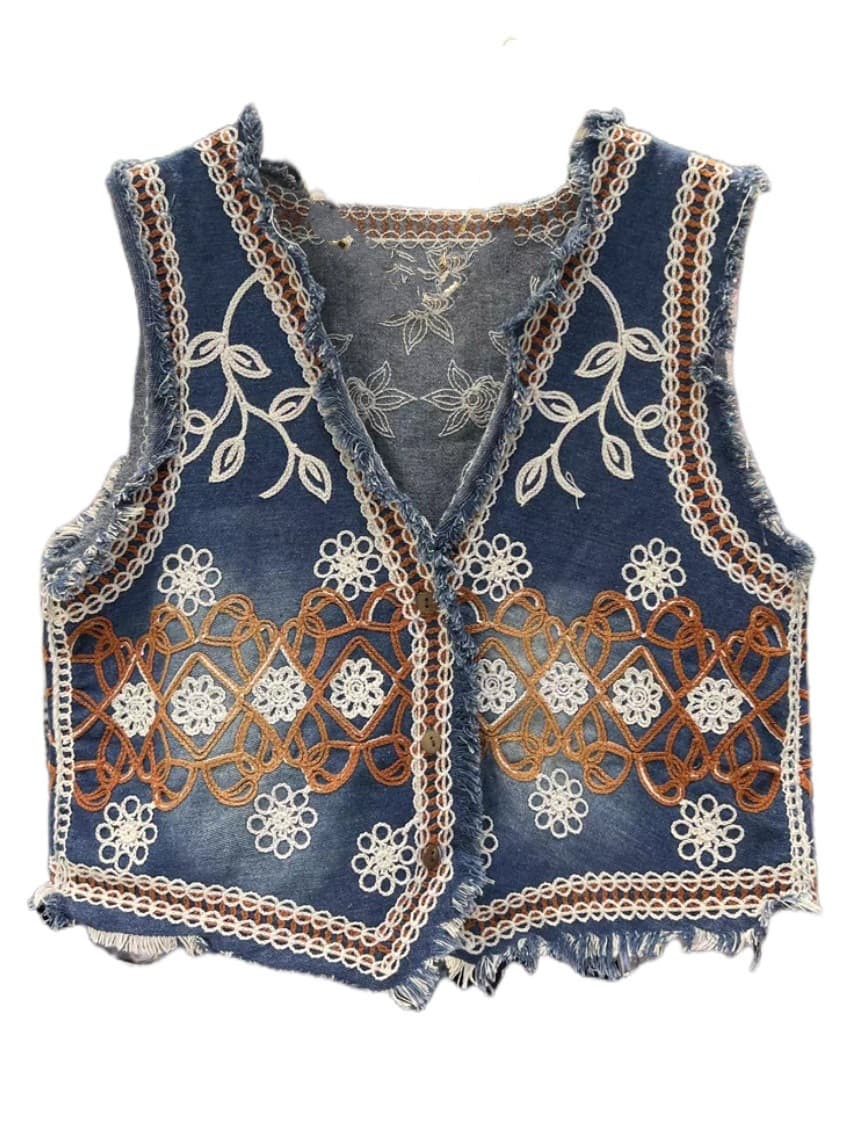 レディースベスト 花刺繍レース編みデニムベスト