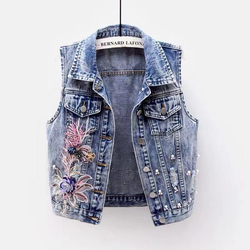 レディースベスト フラワー刺繍付きデニムベスト